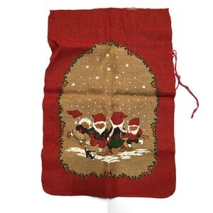 Vintage Scandinavian Elf Gnome Burlap Christmas Bag, Nordic Folk Art Jute Tote